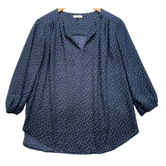 Pleione Womens V-Neck Blouse Top Size L Navy Green Polka Dot 3/4 Sleeve Retro - Picture 1 of 11